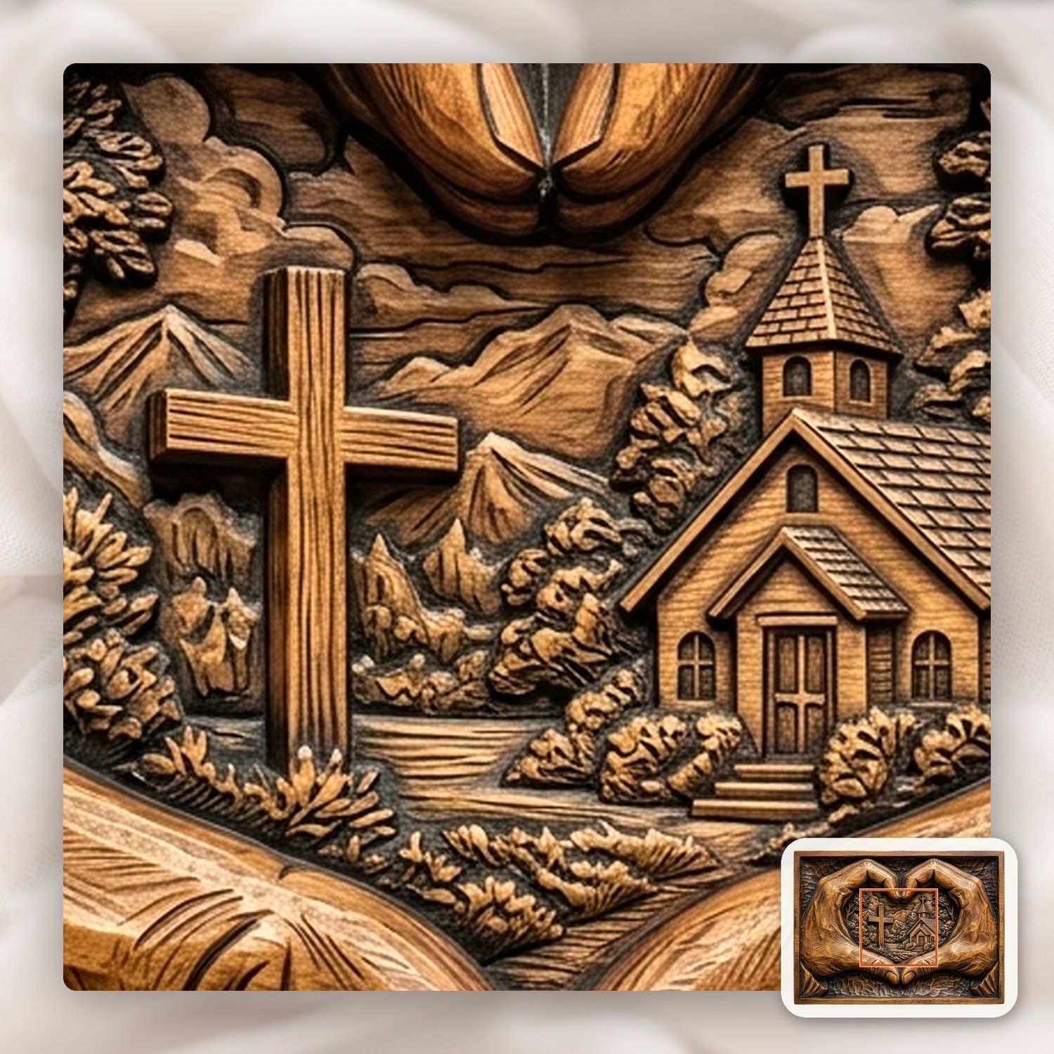 Christian Heart Hands Cross and Church CNC Relief STL bas-relief STL — view 11