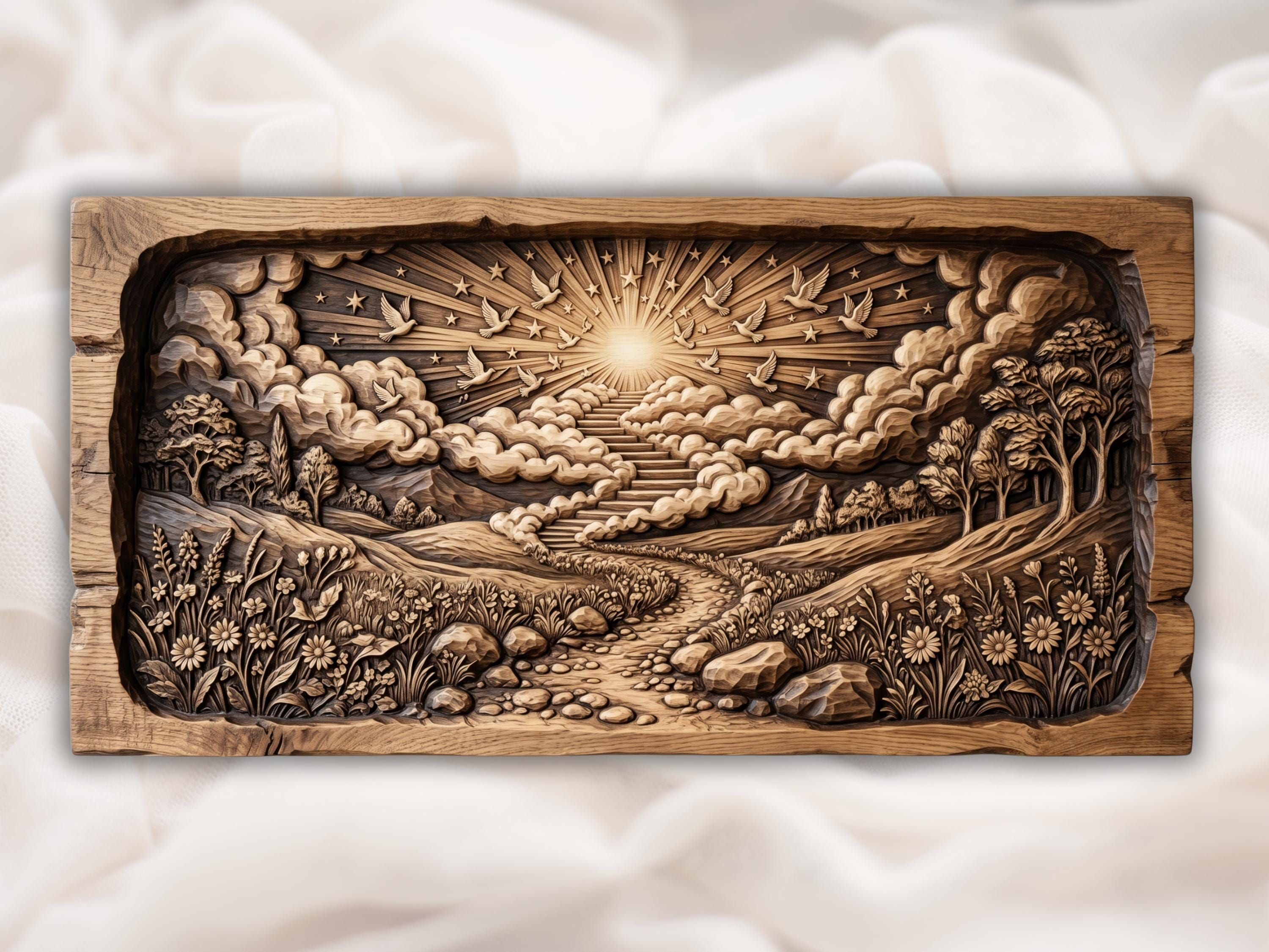 Carved wood bas-relief of a stairway rising through clouds toward a sunburst with doves, stars, and a flower-lined path