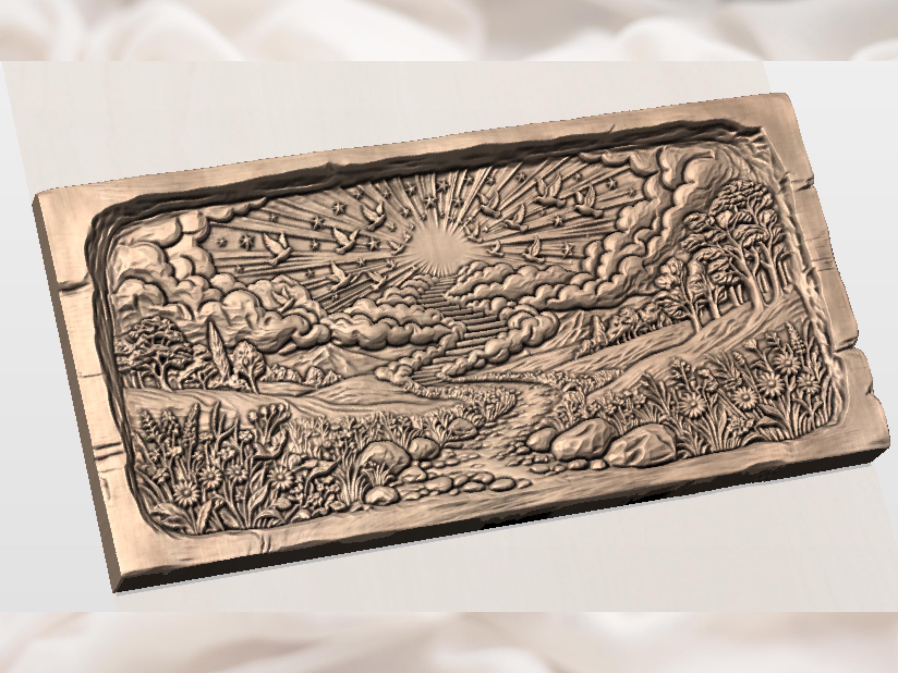 Stairway to Heaven Relief with Doves, Sunburst, and Cloud Path bas-relief STL — view 2