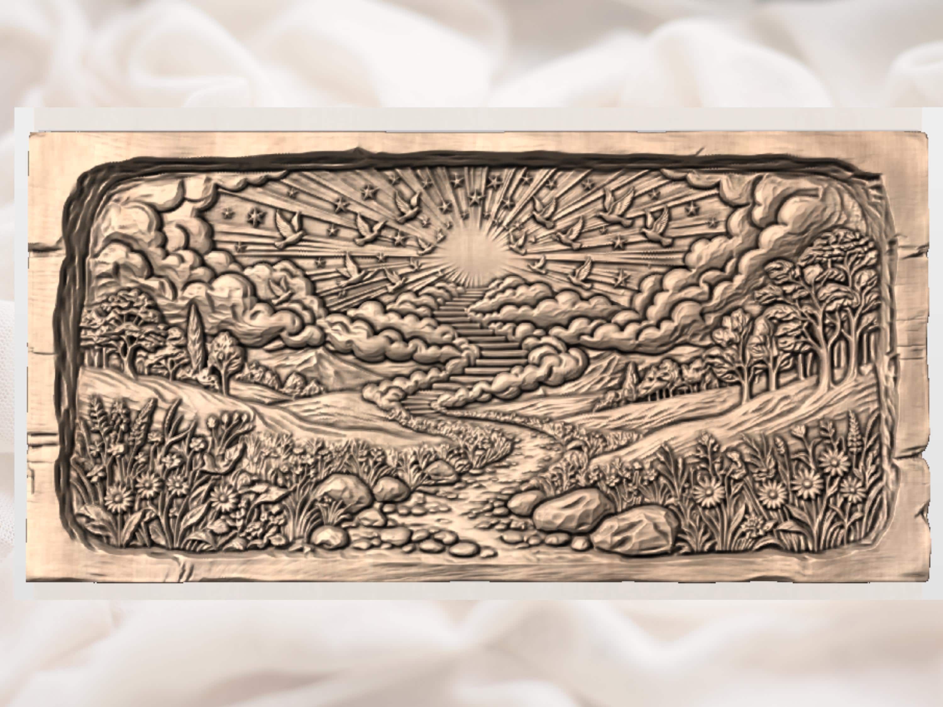 Stairway to Heaven Relief with Doves, Sunburst, and Cloud Path bas-relief STL — view 3