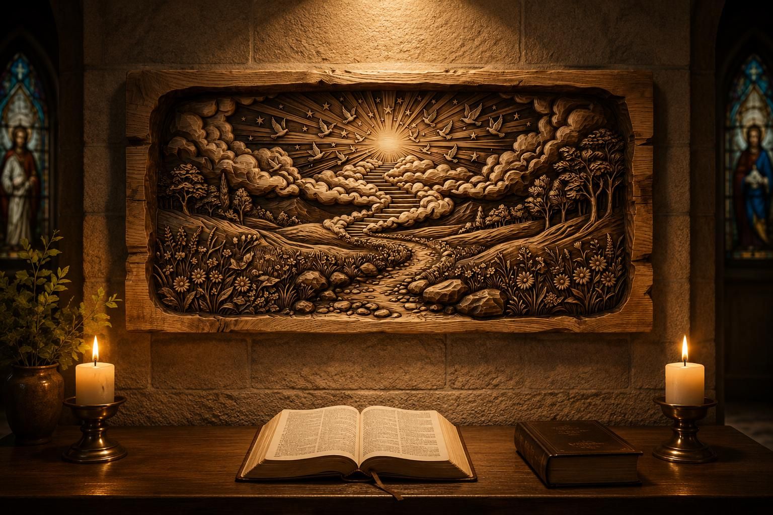 Stairway to Heaven Relief with Doves, Sunburst, and Cloud Path bas-relief STL — view 5