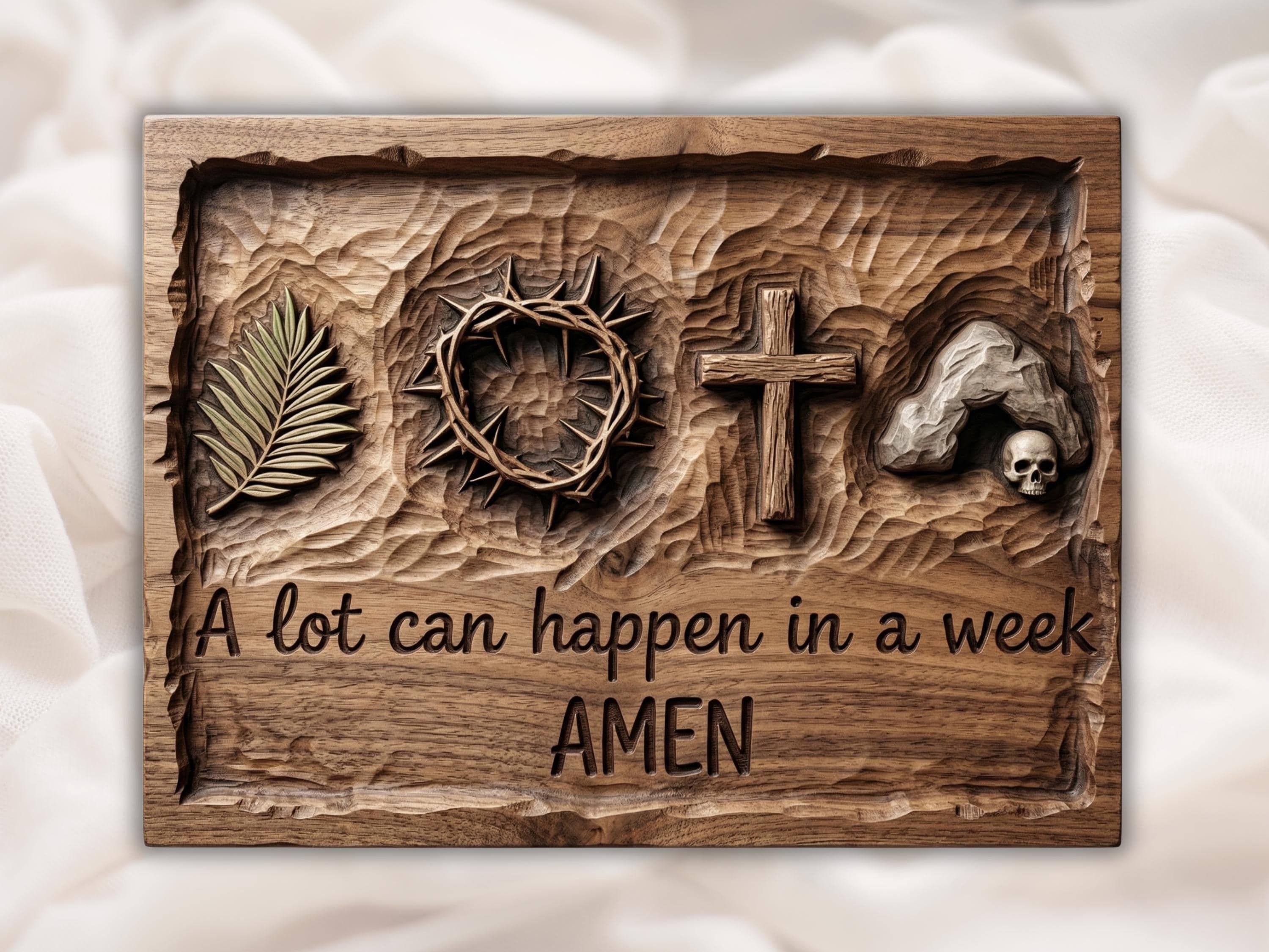 Carved wood bas-relief of a crown of thorns, a rugged cross, and the word AMEN in scripture lettering.