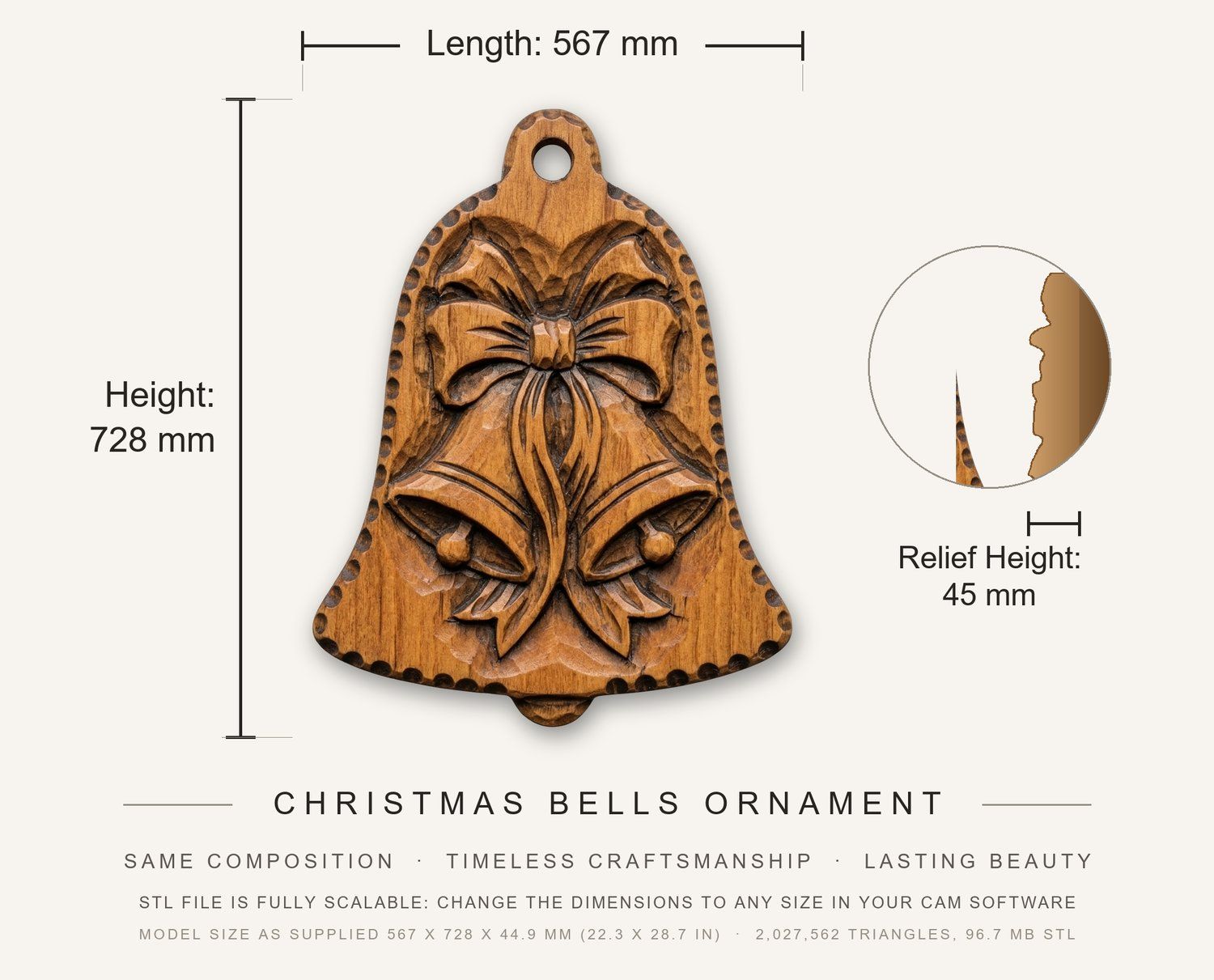 Christmas Bells Ornament CNC Relief STL bas-relief STL — view 3