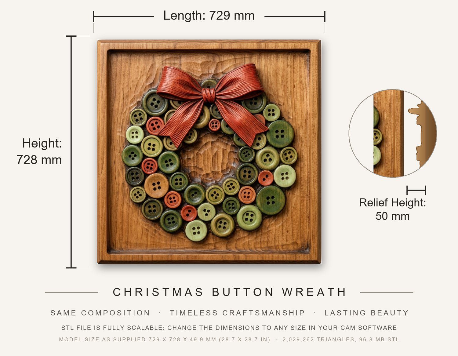 Christmas Button Wreath CNC Relief STL bas-relief STL — view 3