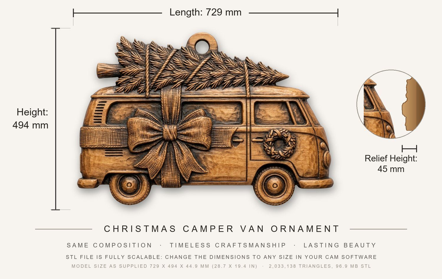 Christmas Camper Van Ornament CNC Relief STL bas-relief STL — view 3