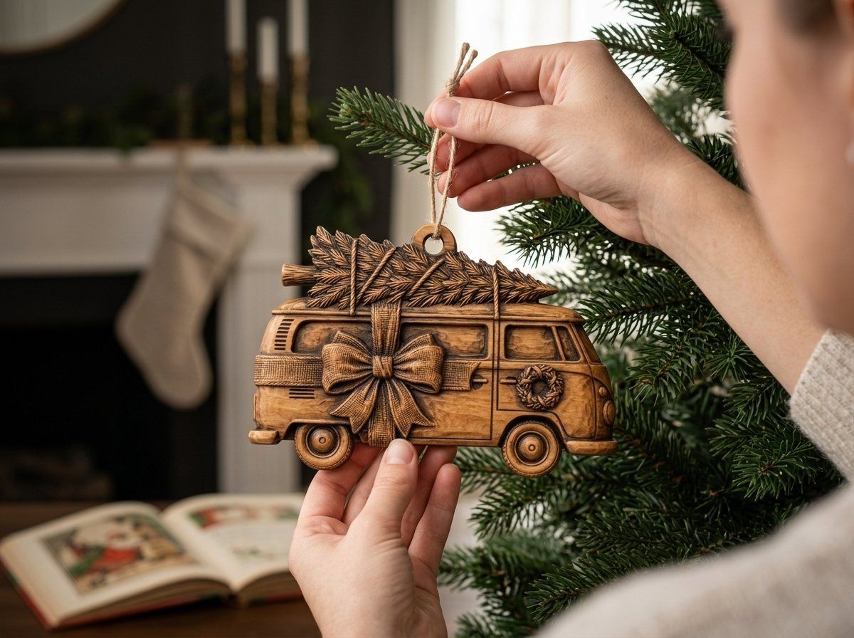 Christmas Camper Van Ornament CNC Relief STL | Holiday Bus Wood Carving | VCarve Pro Aspire Design — carved bas relief STL file for CNC