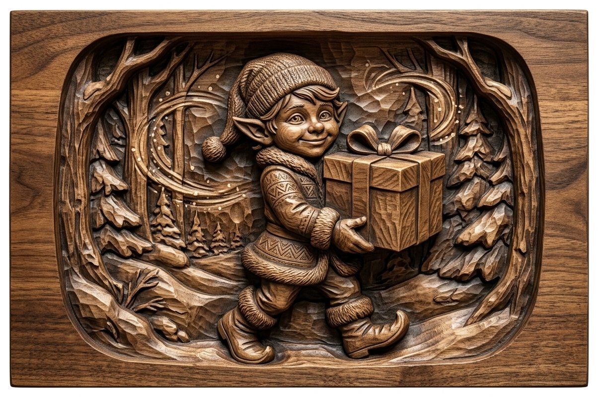 Christmas Elf Gift Scene CNC Relief STL bas-relief STL — view 4