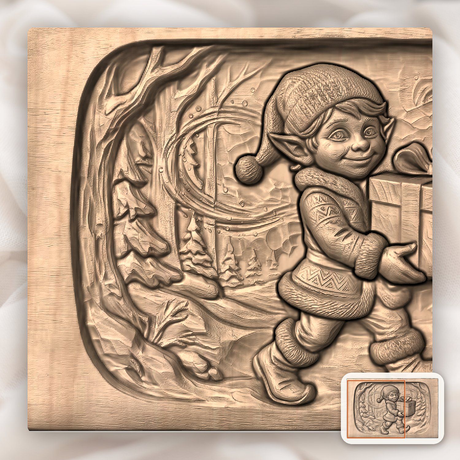 Christmas Elf Gift Scene CNC Relief STL bas-relief STL — view 10