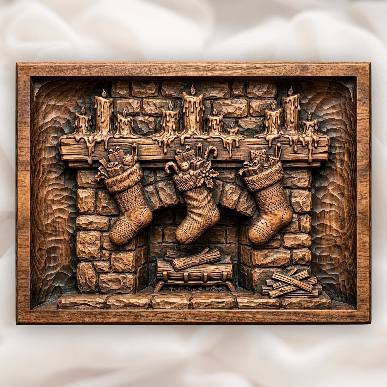 Christmas Fireplace Stockings CNC Relief STL | Holiday Mantel Wood Carving Design | Festive Home Wall Art Panel — carved bas relief STL file for CNC