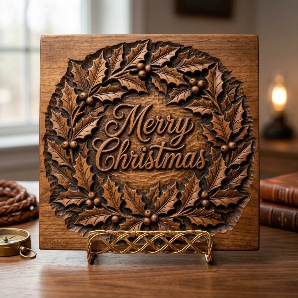 Christmas Holly Wreath CNC Relief STL bas-relief STL — view 3