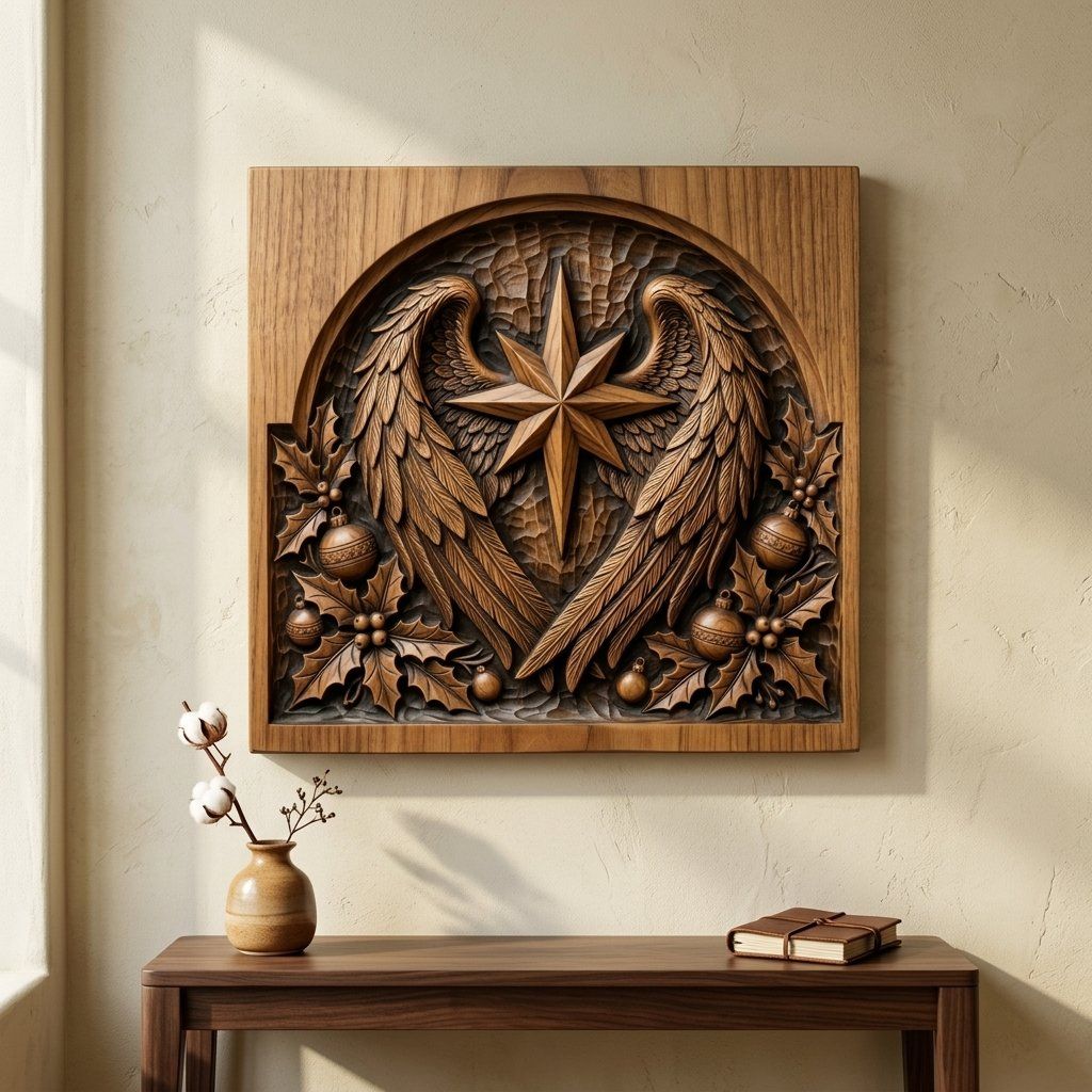 Christmas Star Angel Wings Holly Panel CNC Relief STL bas-relief STL — view 13