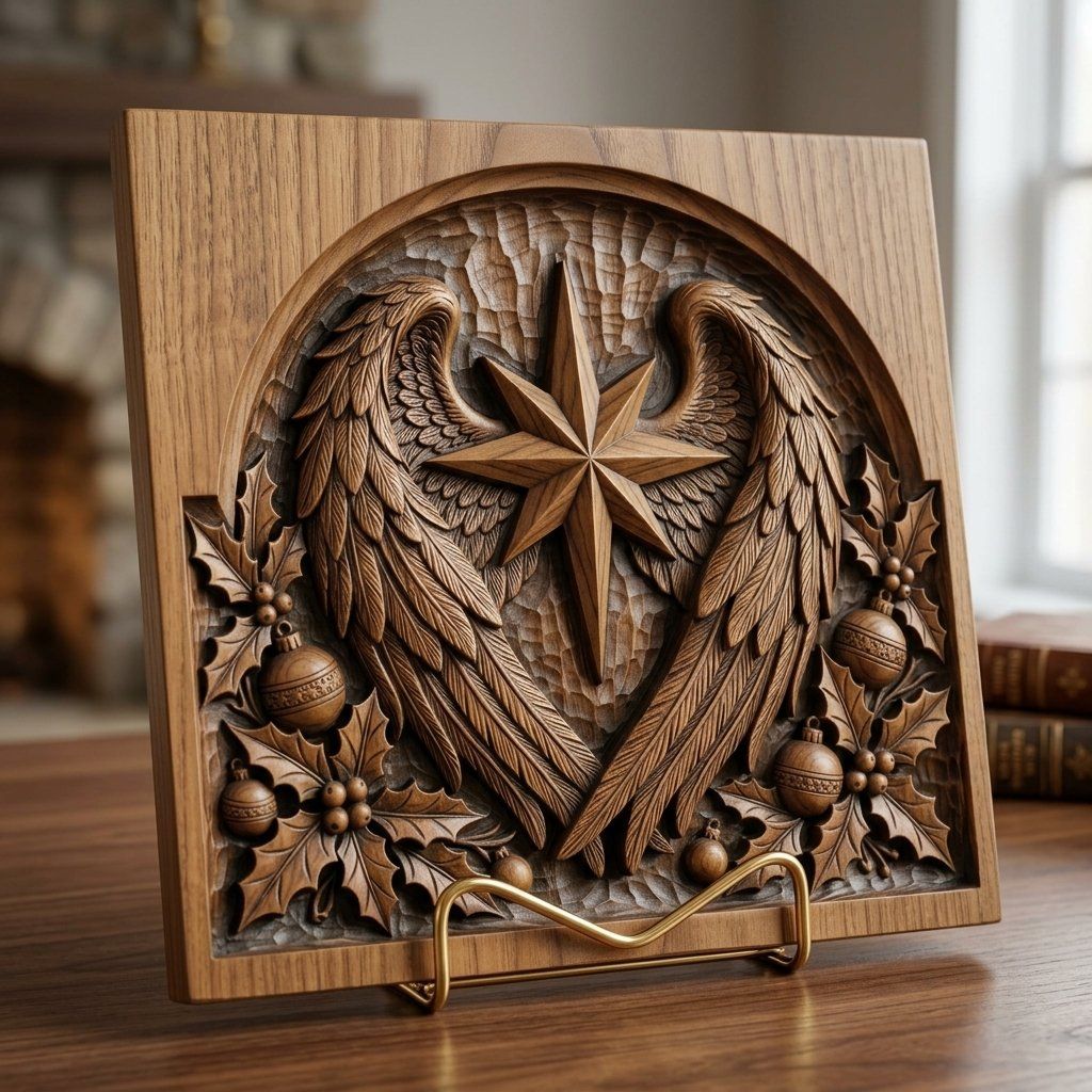 Christmas Star Angel Wings Holly Panel CNC Relief STL bas-relief STL — view 3