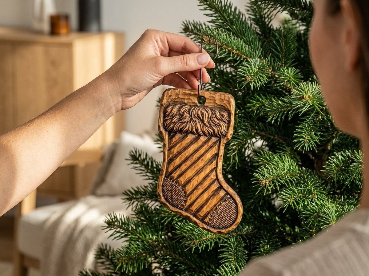 Christmas Stocking Ornament CNC Relief STL | Rustic Holiday Wood Carving Design | Festive 3D Decoration Model — carved bas relief STL file for CNC