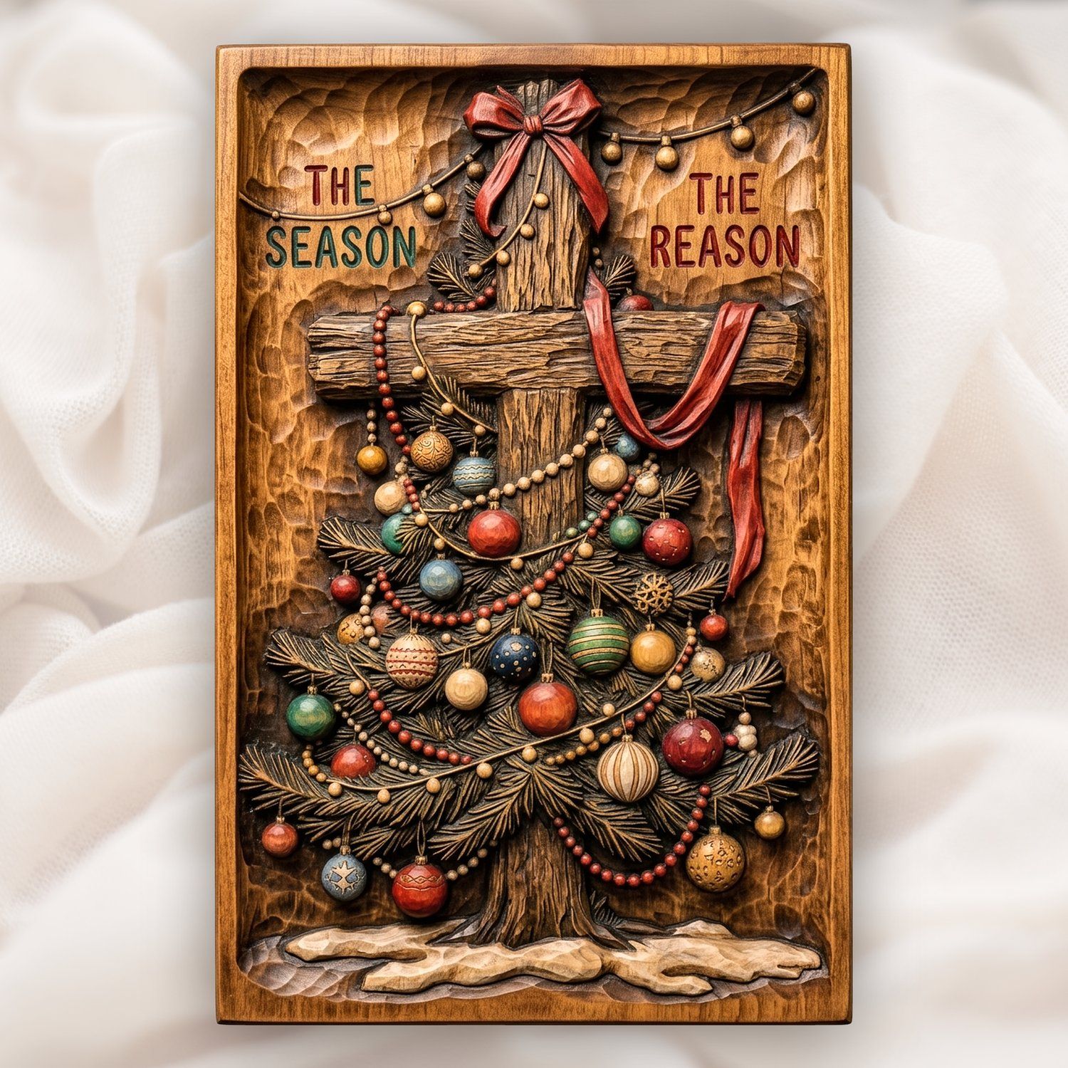 Christmas Tree Cross The Reason CNC Relief STL | Religious Wood Carving Design | Christian Holiday Wall Art Panel — carved bas relief STL file for CNC