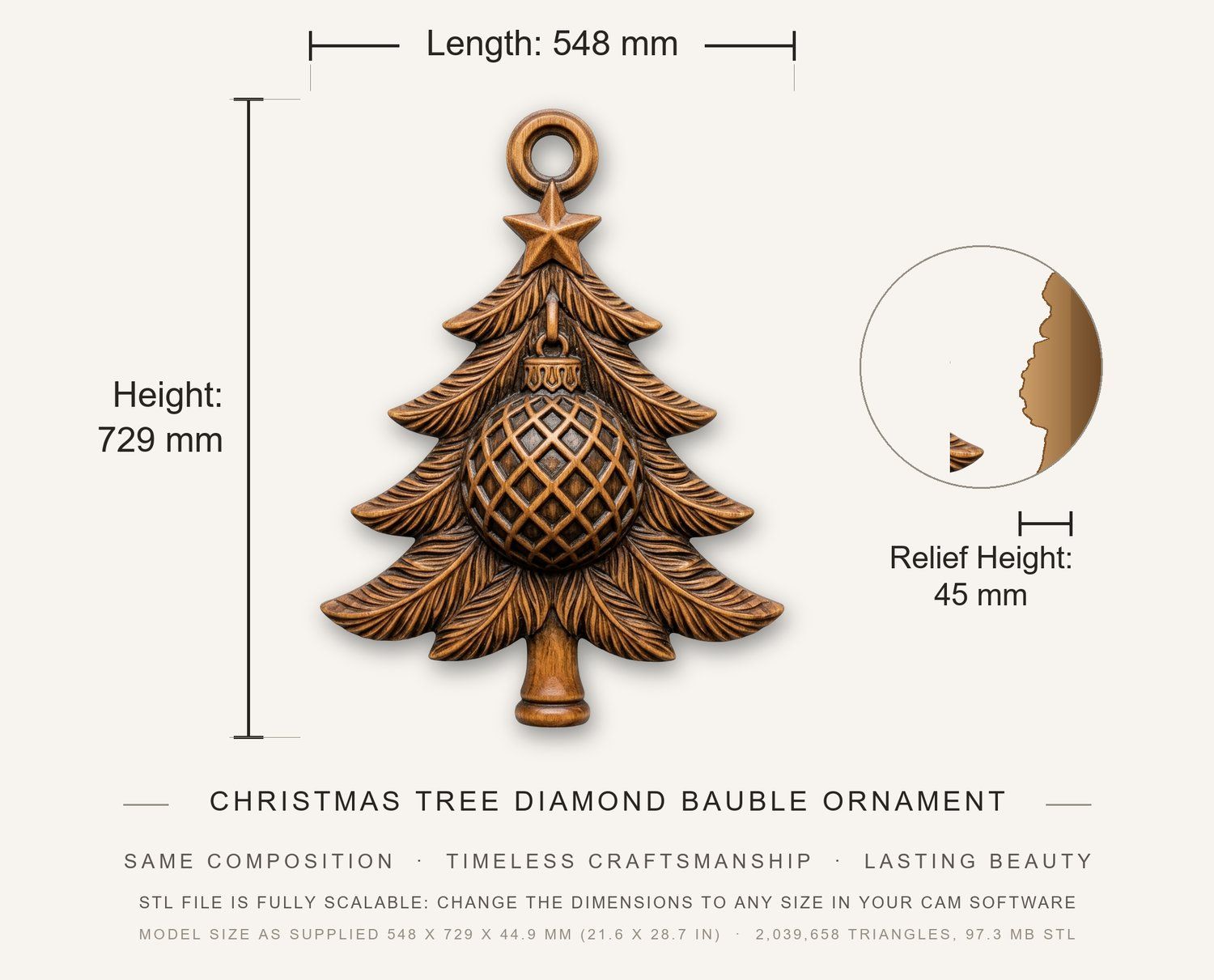 Christmas Tree Diamond Bauble Ornament CNC Relief STL bas-relief STL — view 3