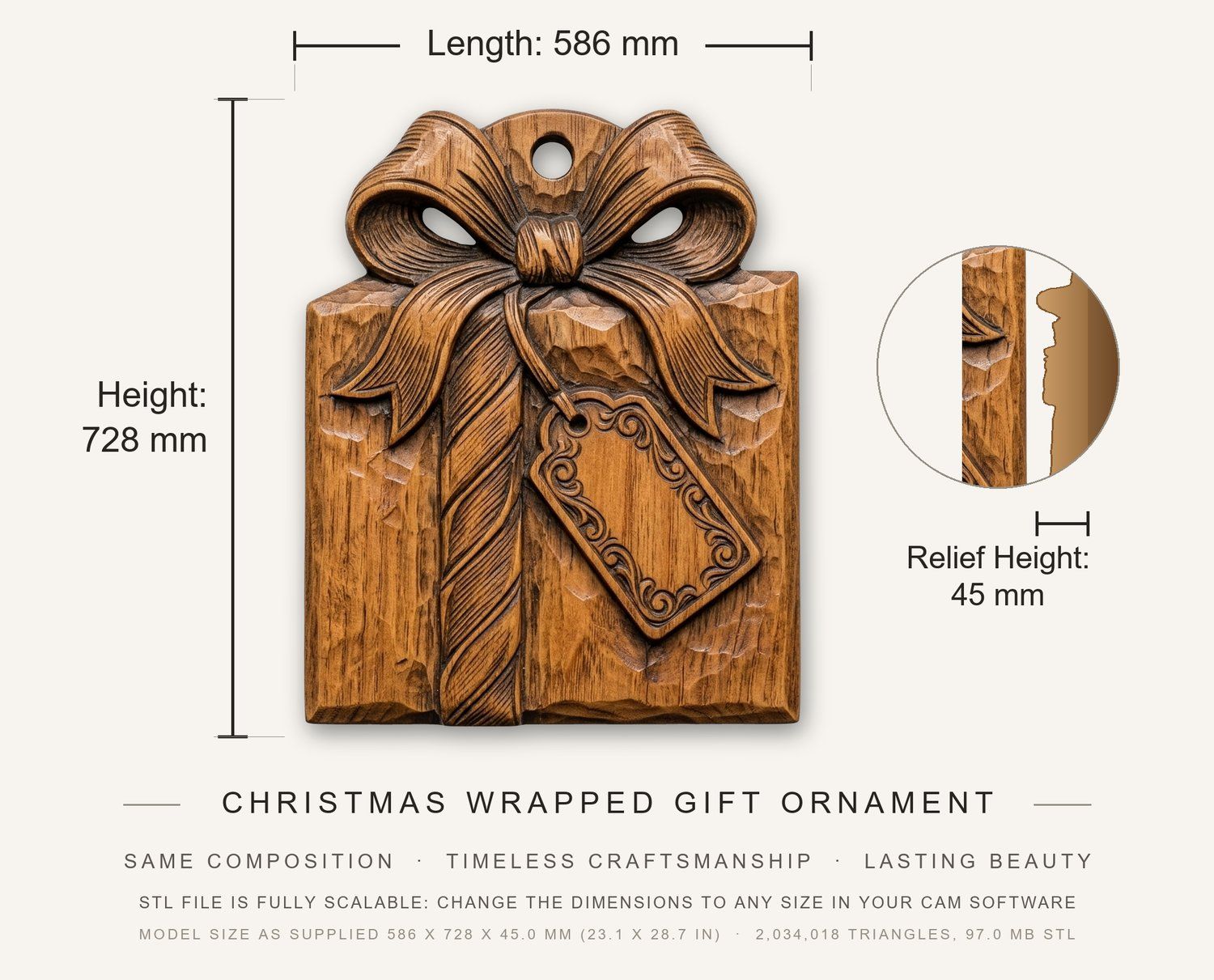 Christmas Wrapped Gift Ornament CNC Relief STL bas-relief STL — view 3