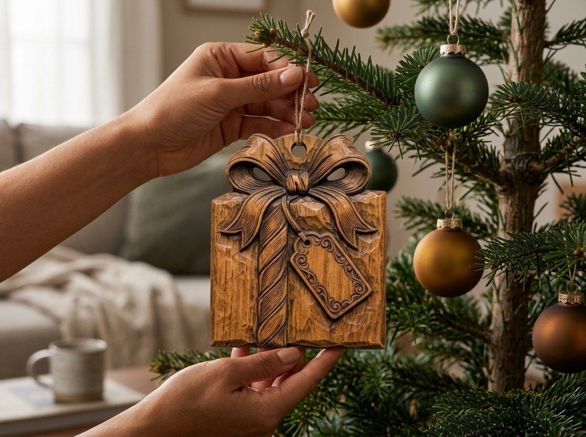 Christmas Wrapped Gift Ornament CNC Relief STL | Holiday Present Wood Carving | Festive Tree Decor Design — carved bas relief STL file for CNC