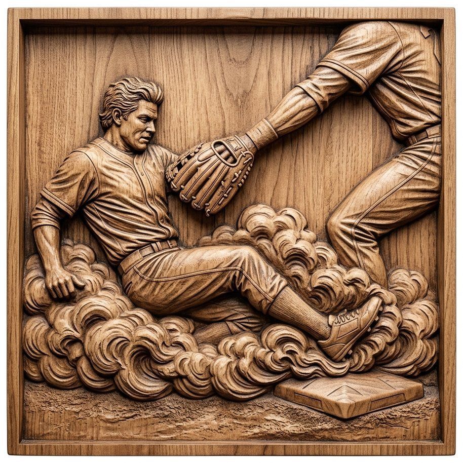 Classic Baseball Slide Home Plate CNC Relief STL | Sports Action Wall Art Panel | Americana Wood Carving Design — carved bas relief STL file for CNC