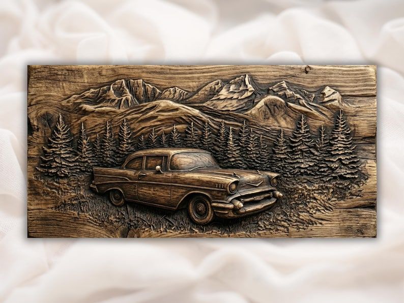 Bas-relief wood carving of a classic 1950s car parked in a pine forest below a mountain range