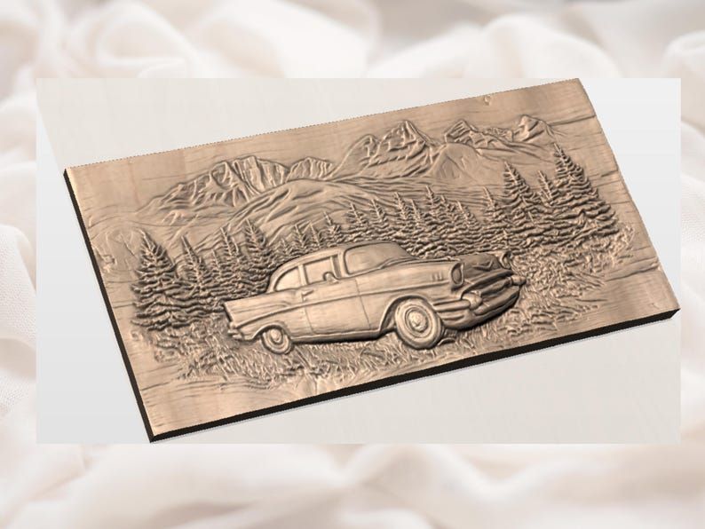 Classic '57 Car in Mountain Forest Bas-Relief STL bas-relief STL — view 2