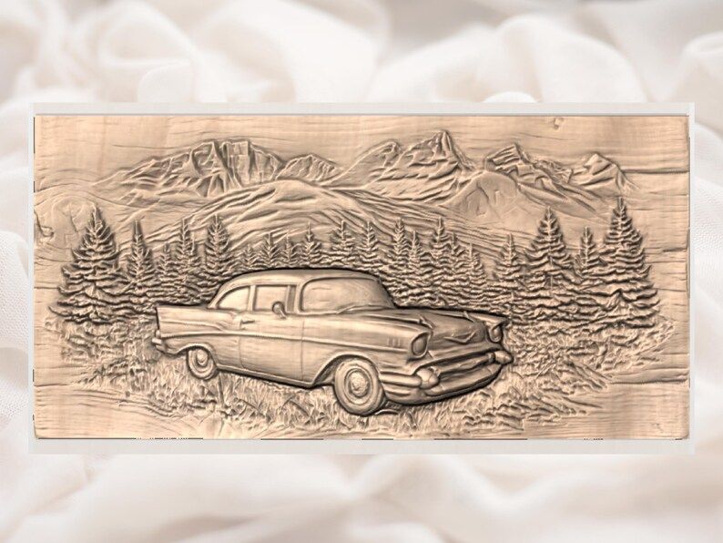 Classic '57 Car in Mountain Forest Bas-Relief STL bas-relief STL — view 3
