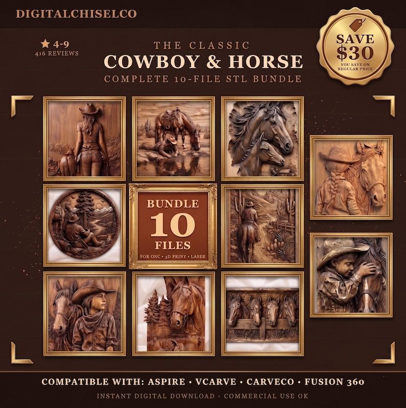 Ten carved wood bas-relief scenes of cowboys, horses, and western ranch life in framed panels.