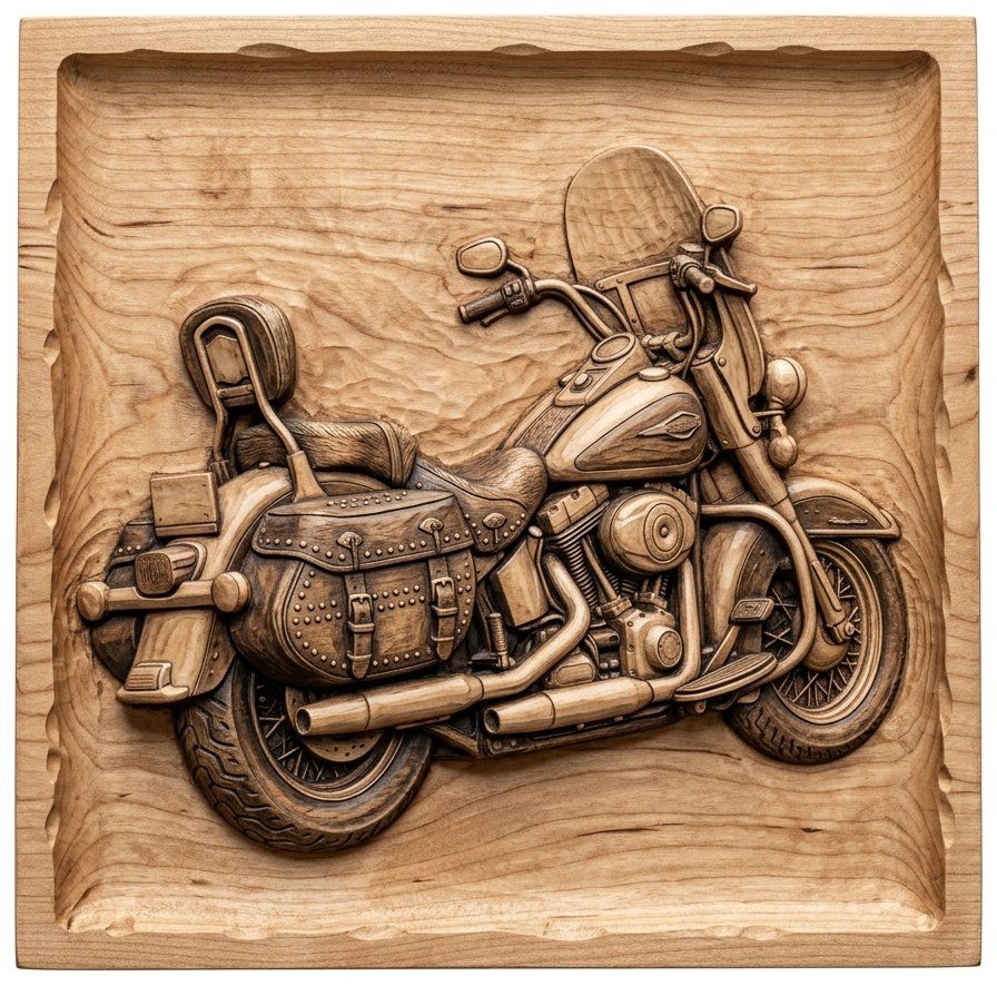 Classic Cruiser Motorcycle Wall Art Panel | Vintage Touring Bike Wood Carving | Rustic Garage Decor | Custom CNC Router Design — carved bas relief STL file for CNC