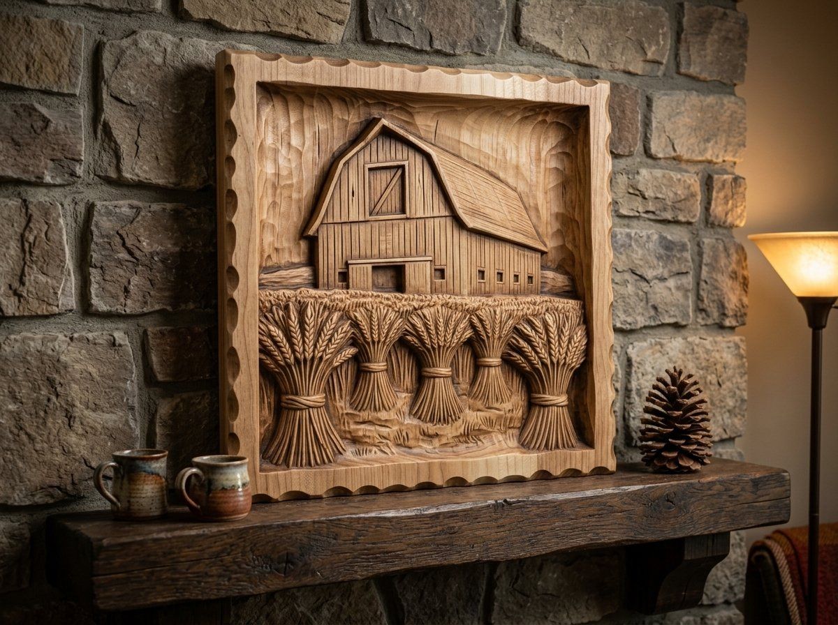 Classic Gambrel Barn and Wheat Harvest CNC Relief STL bas-relief STL — view 12
