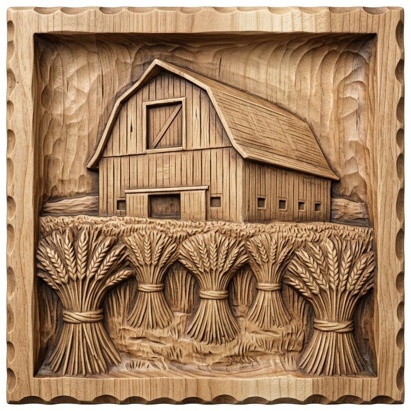 Classic Gambrel Barn and Wheat Harvest CNC Relief STL bas-relief STL — view 13