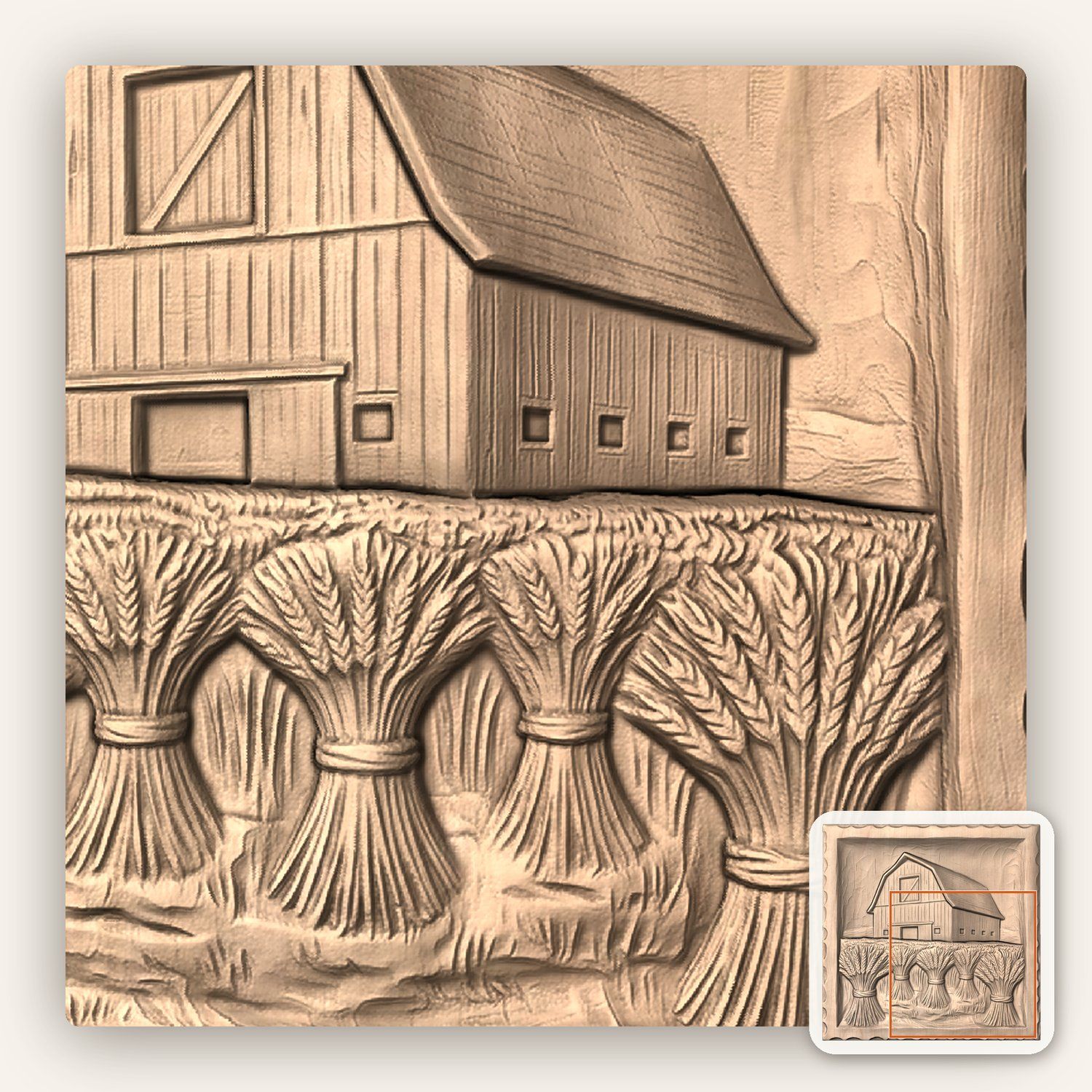 Classic Gambrel Barn and Wheat Harvest CNC Relief STL bas-relief STL — view 6