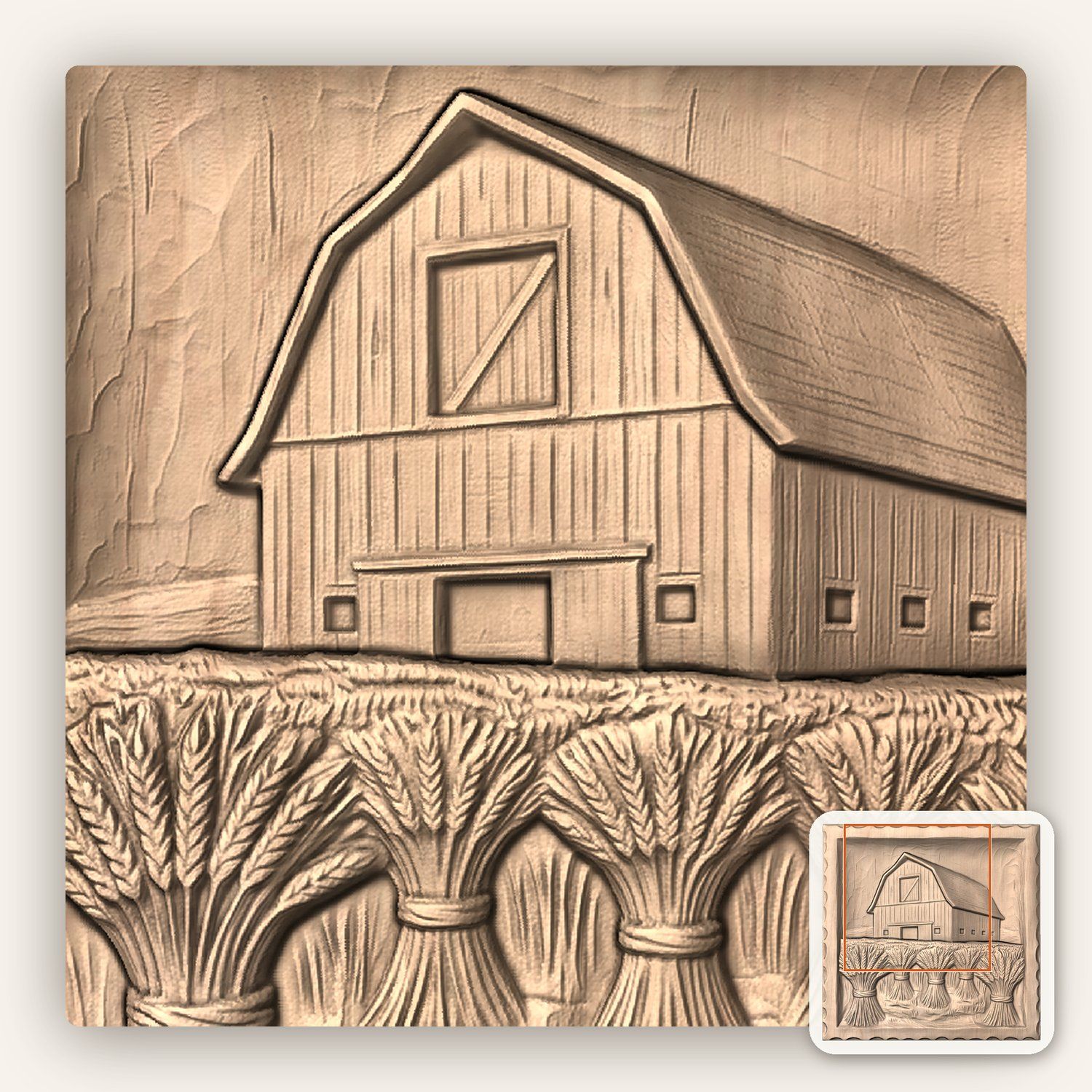 Classic Gambrel Barn and Wheat Harvest CNC Relief STL bas-relief STL — view 7