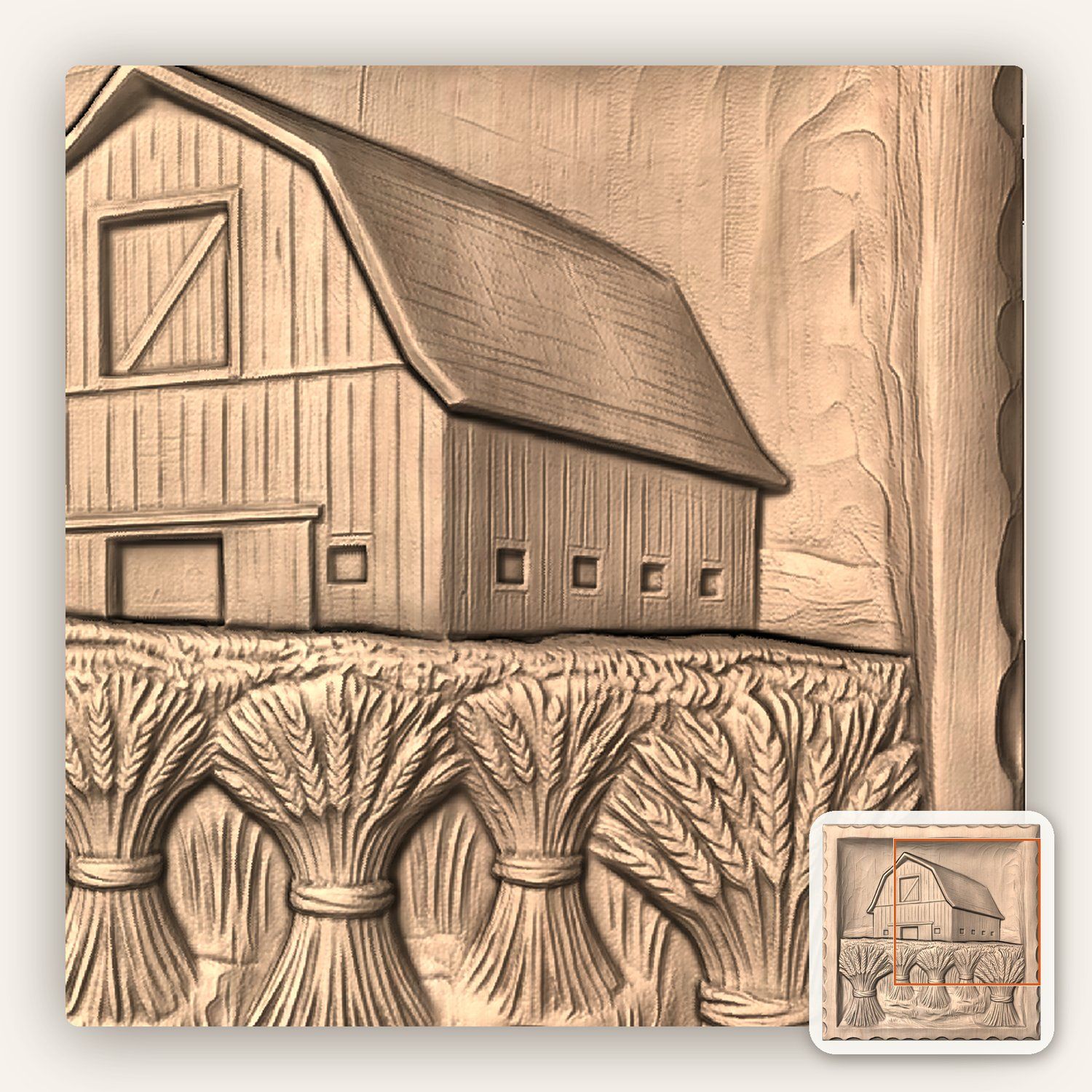 Classic Gambrel Barn and Wheat Harvest CNC Relief STL bas-relief STL — view 8
