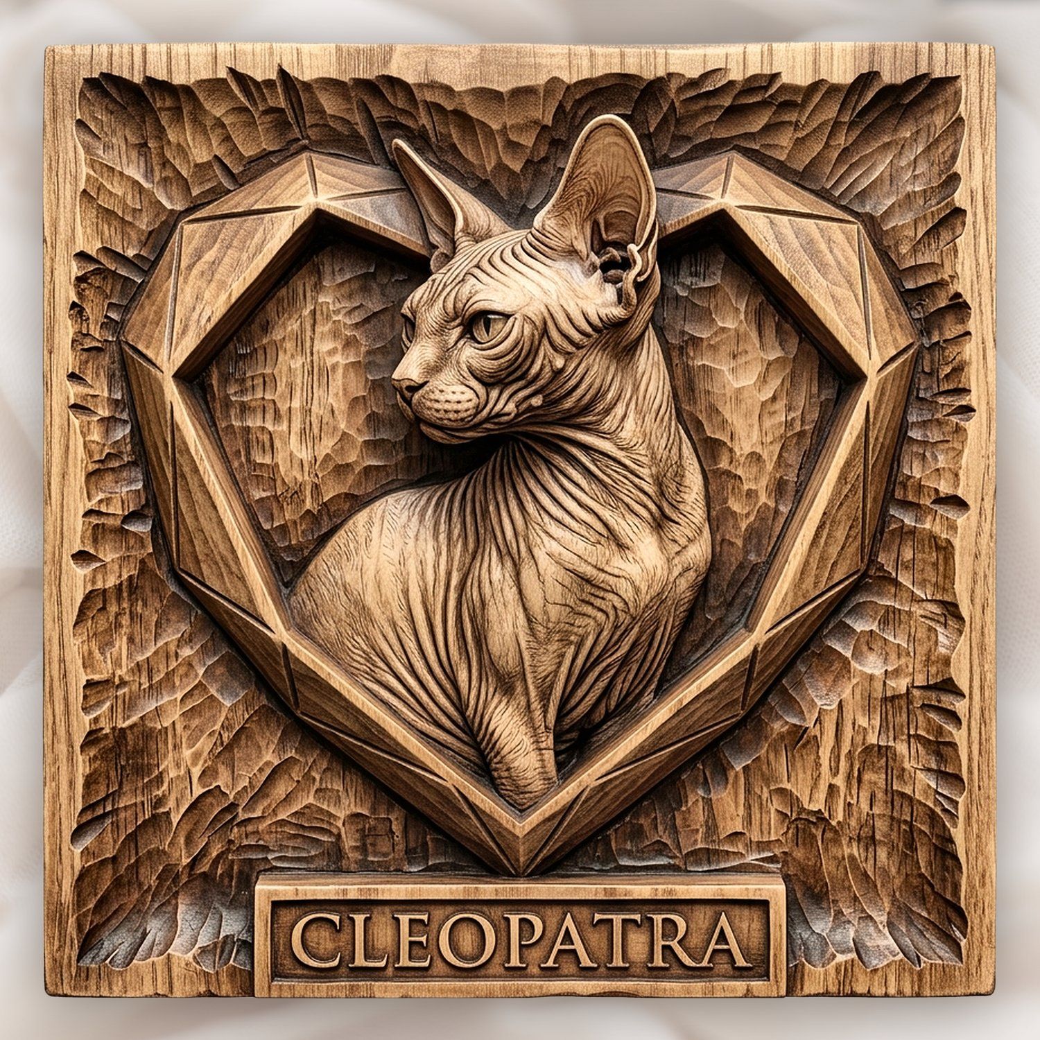 Cleopatra Sphynx Cat Heart Portrait CNC Relief STL | Feline Wood Carving Design | Majestic Animal Wall Art Panel — carved bas relief STL file for CNC
