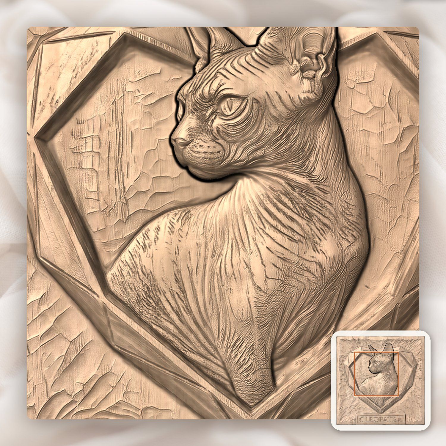 Cleopatra Sphynx Cat Heart Portrait CNC Relief STL bas-relief STL — view 5