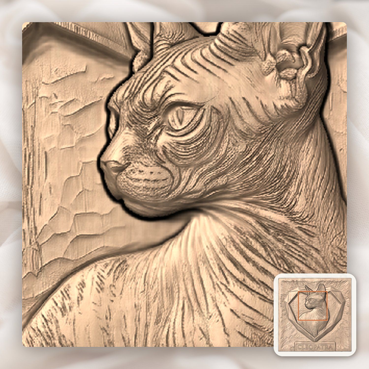 Cleopatra Sphynx Cat Heart Portrait CNC Relief STL bas-relief STL — view 6