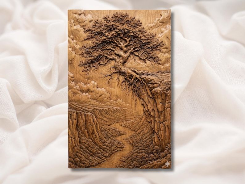 Bas-relief wood carving of a windswept tree on a canyon cliff above a winding river valley with clouds