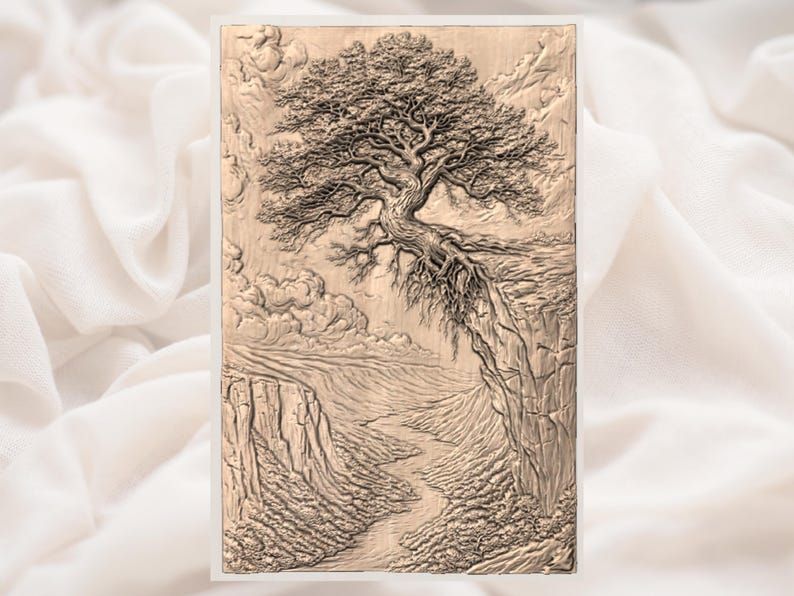 Windswept Cliff Tree Over Canyon Valley Bas-Relief STL bas-relief STL — view 2