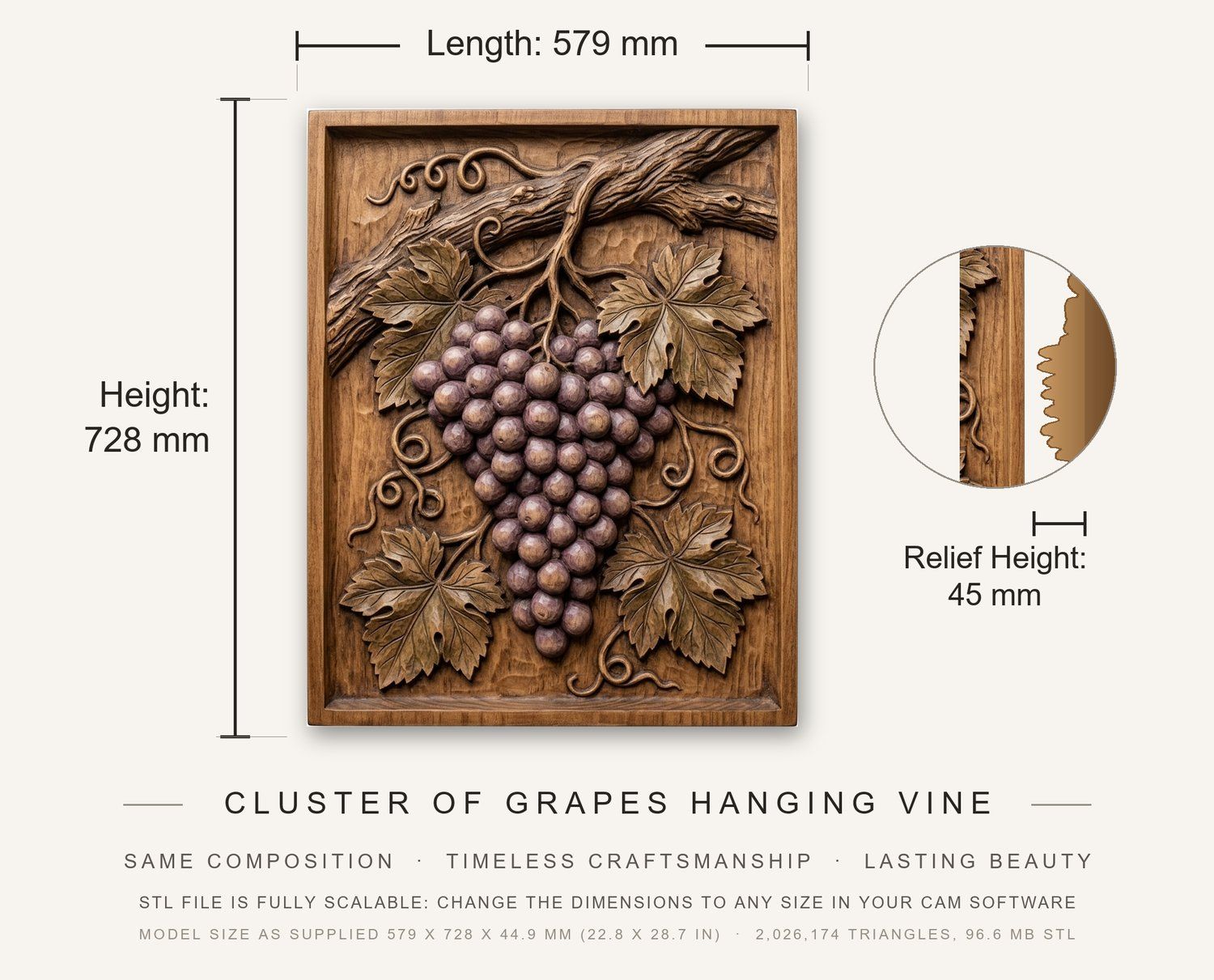 Cluster of Grapes Hanging Vine CNC Relief STL bas-relief STL — view 12