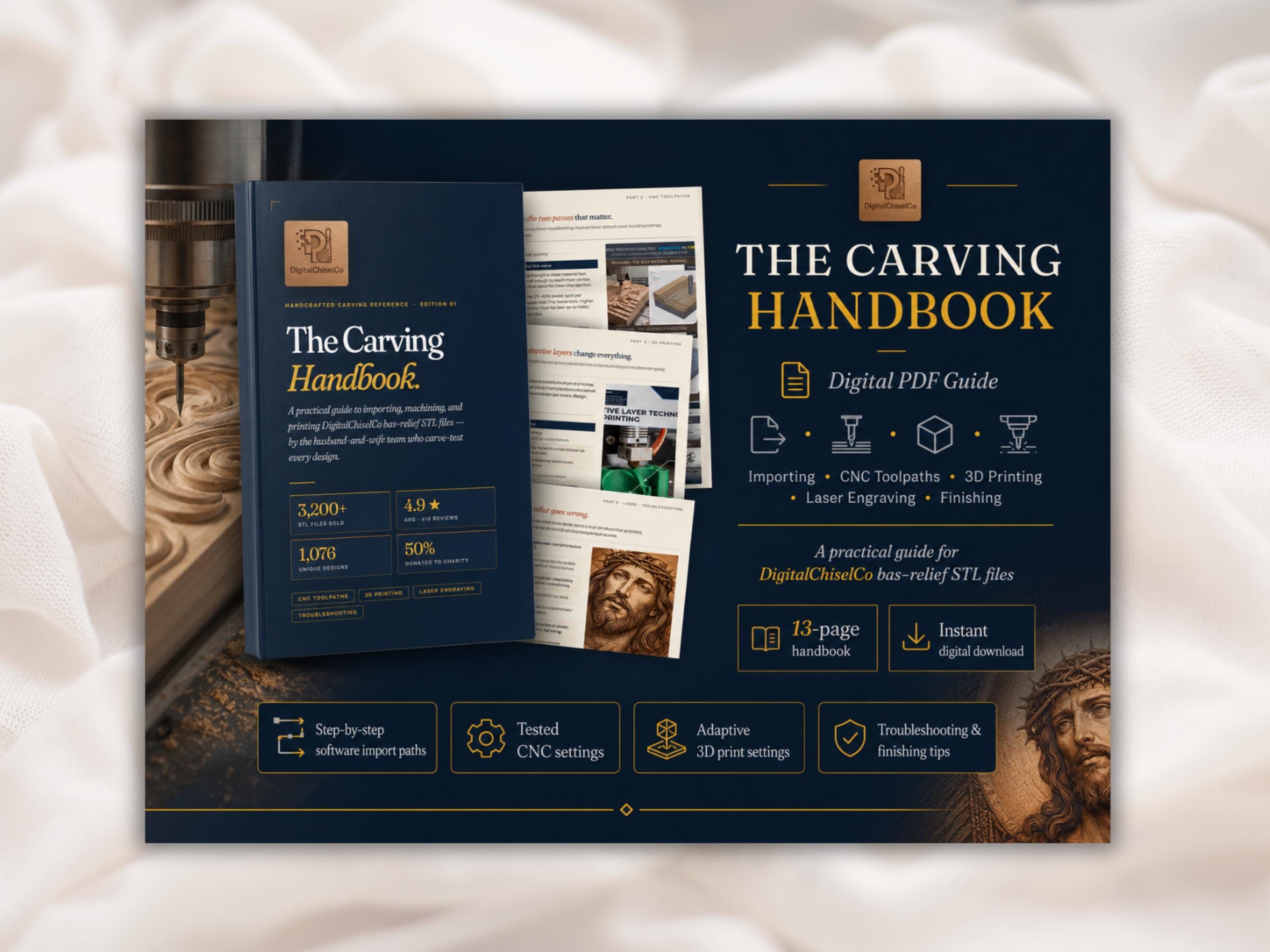 Pages from a CNC carving handbook PDF showing toolpath, 3D print, and laser settings with a carved relief of Christ