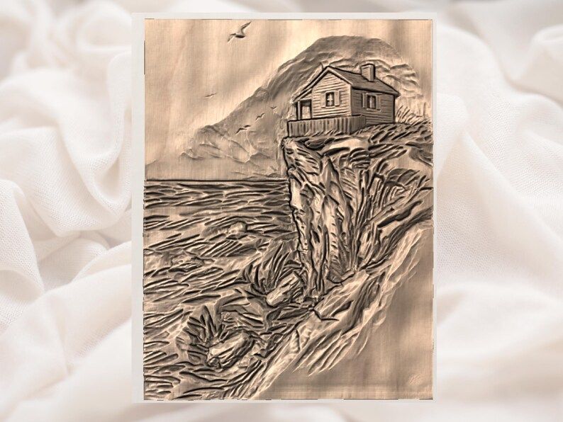 Cliffside Cabin Over the Sea Bas-Relief STL Carving bas-relief STL — view 2