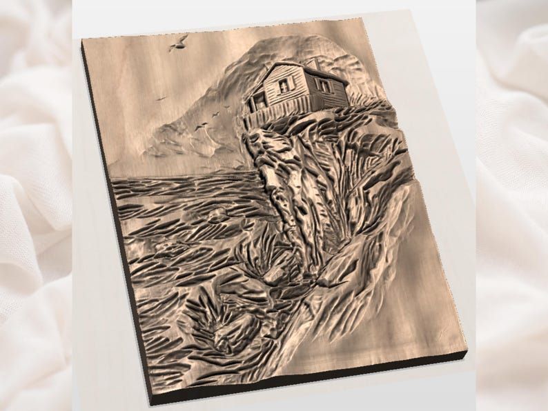Cliffside Cabin Over the Sea Bas-Relief STL Carving bas-relief STL — view 3