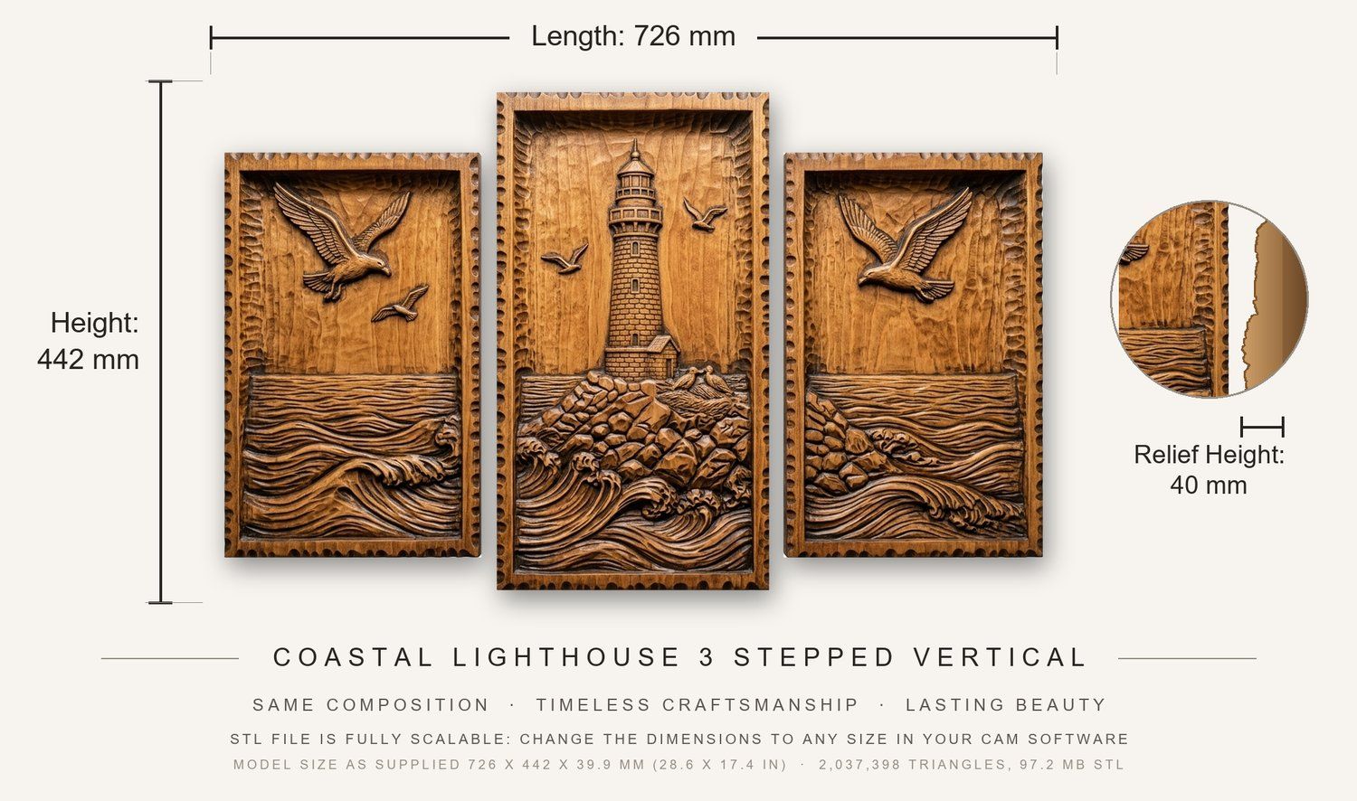 Coastal Lighthouse 3 Stepped Vertical Decor Panels CNC Relief STL bas-relief STL — view 3