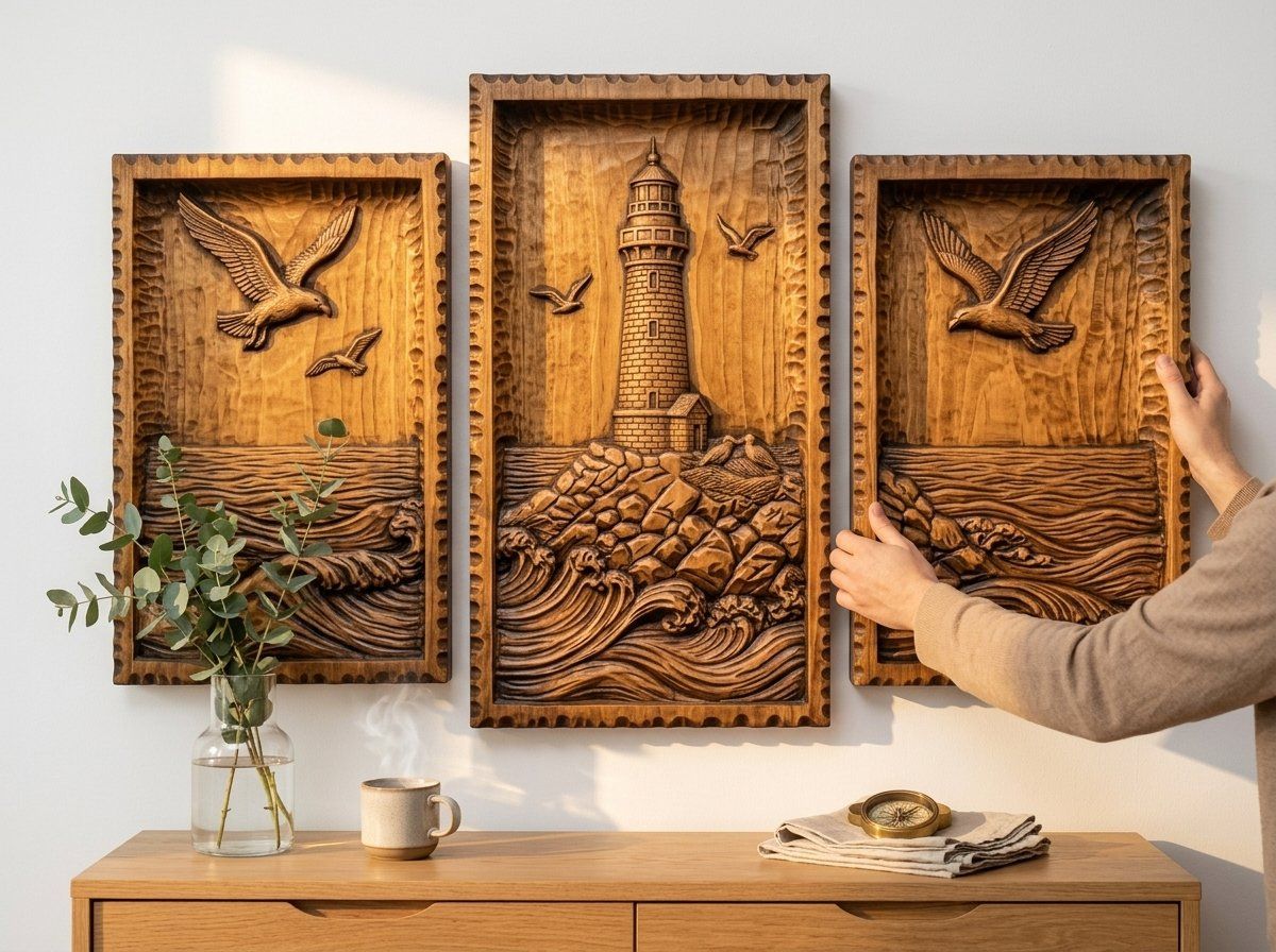 Coastal Lighthouse 3 Stepped Vertical Decor Panels CNC Relief STL bas-relief STL — view 11