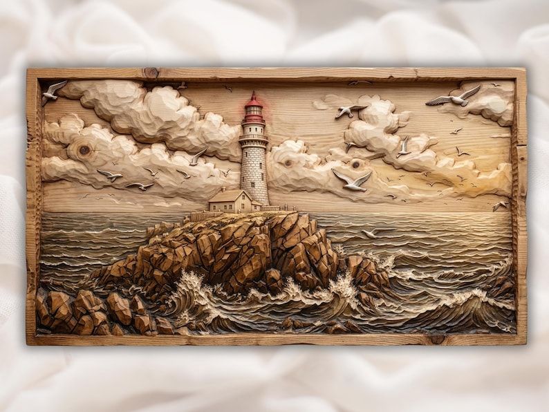 Carved wood bas-relief of a lighthouse on rocky cliffs with crashing waves, seagulls, and a cloudy sky