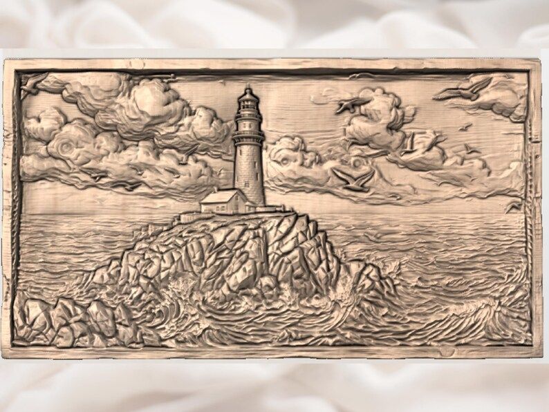 Lighthouse on the Rocks Bas-Relief STL with Crashing Waves bas-relief STL — view 3