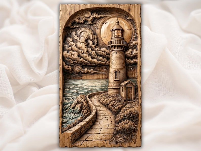 Carved wood bas-relief of a lighthouse beside a stone path, ocean waves, and a moonlit cloudy sky