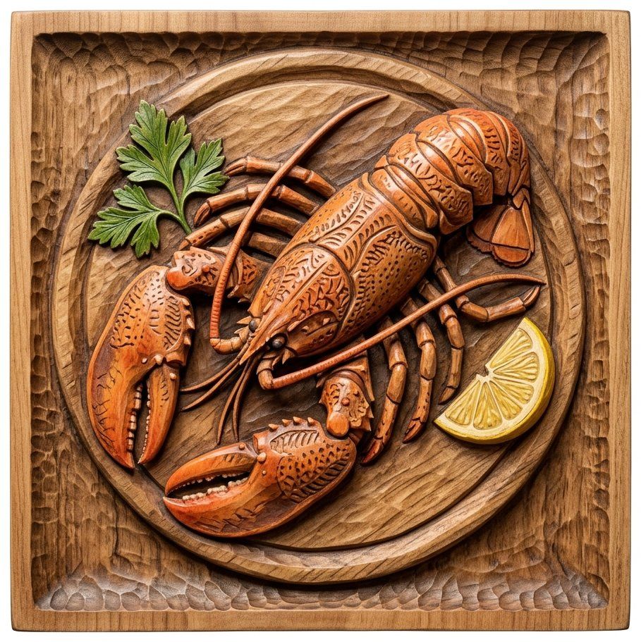 Coastal Lobster Wooden Platter Wall Art | Nautical Seafood Kitchen Decor | Gourmet Restaurant Relief Panel | Rustic Marine Crustacean Design — carved bas relief STL file for CNC