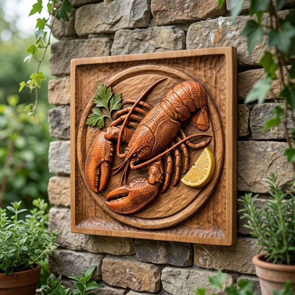 Coastal Lobster Wooden Platter Wall Art bas-relief STL — view 8