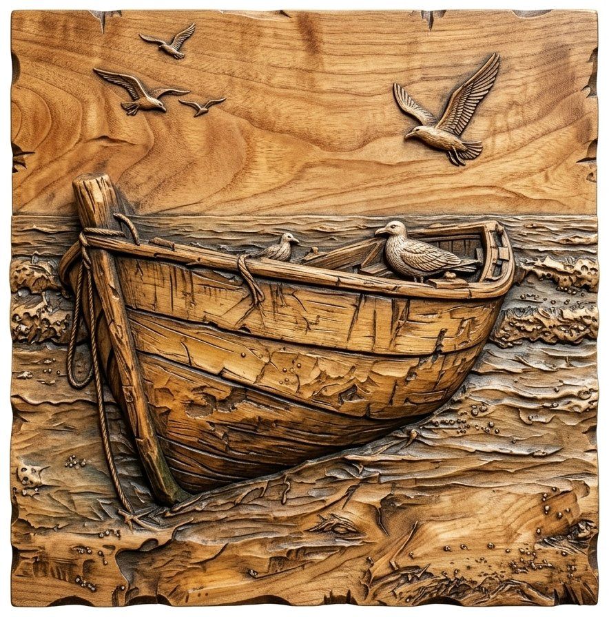 Coastal Rowboat Seagull Scene CNC Relief STL bas-relief STL — view 14
