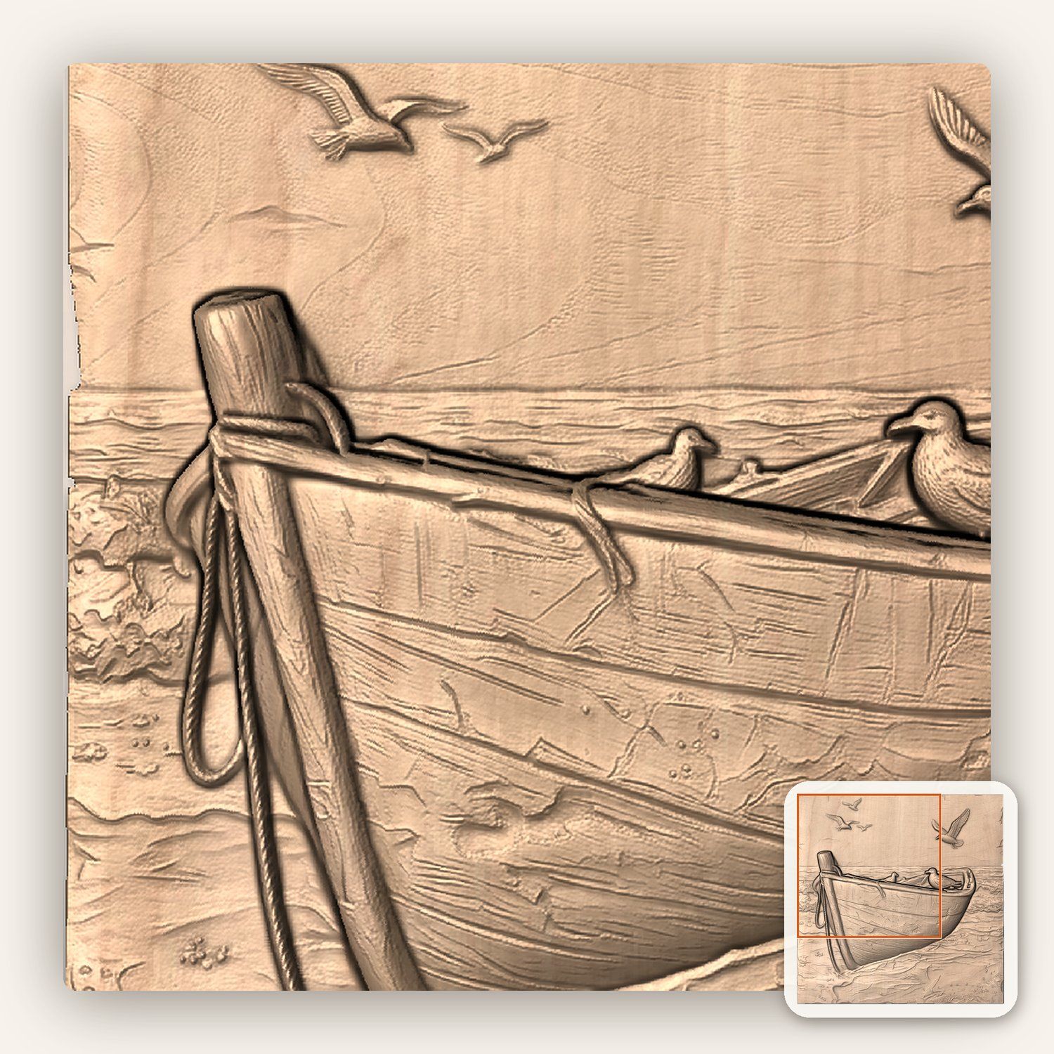 Coastal Rowboat Seagull Scene CNC Relief STL bas-relief STL — view 9